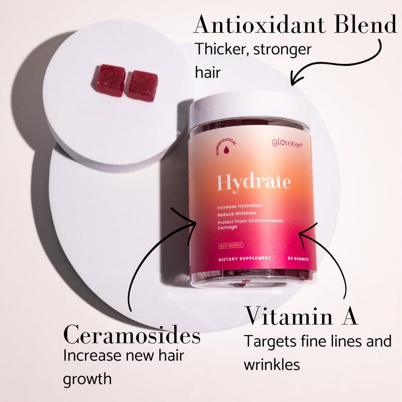 Glotrition Hydrate | Hair Vitamin Gummies for Hair Growth | Stronger, Thicker Hair | Supports Healthy Hair & Skin | 60 Gummies - BeesActive Australia
