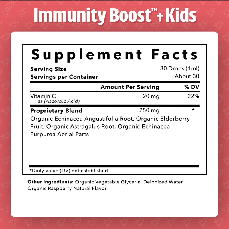 Immunity Boost Kids — Echinacea Elderberry Astragalus & VIT C | Child & Baby Immune Support Drops — Liquid Drops with Vitamin C — Natural Raspberry Flavor — 30 Servings, Organic, 1 Fl Oz 1.0 Fluid Ounces