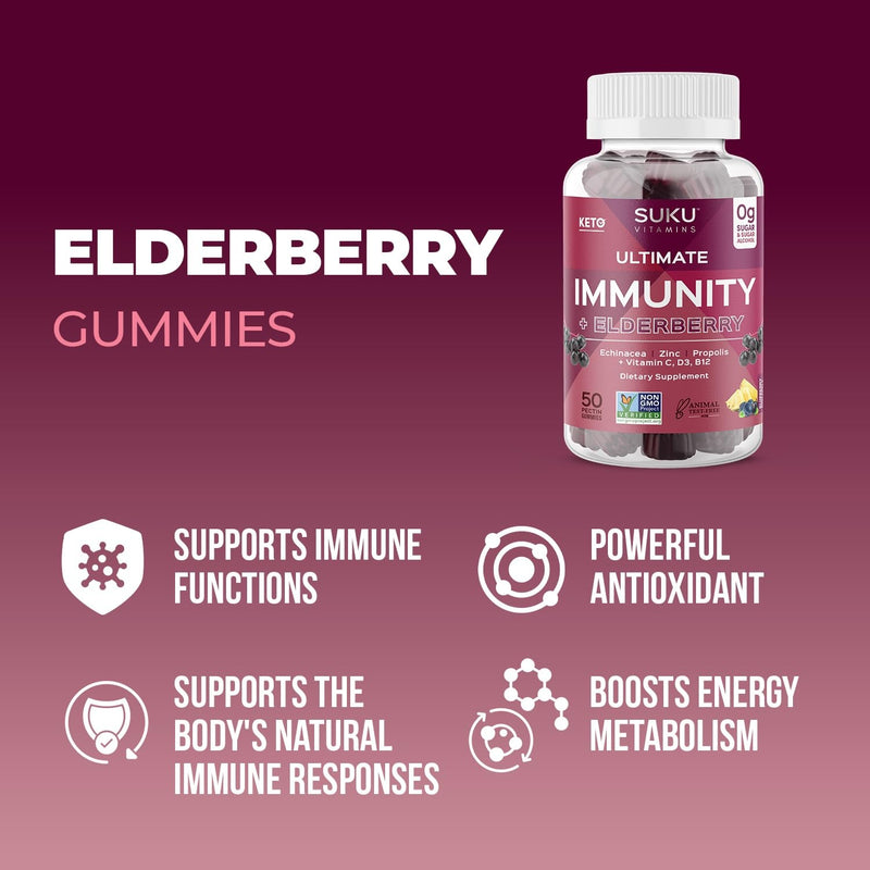 SUKU Vitamins - Ultimate Immunity - Elderberry Echinacea and Propolis Gummies for Immune Support, Easy to Chew - Non GMO, Gluten Sugar Free - Pomegranate Lime Flavored Gummy Vitamins, 50 Count