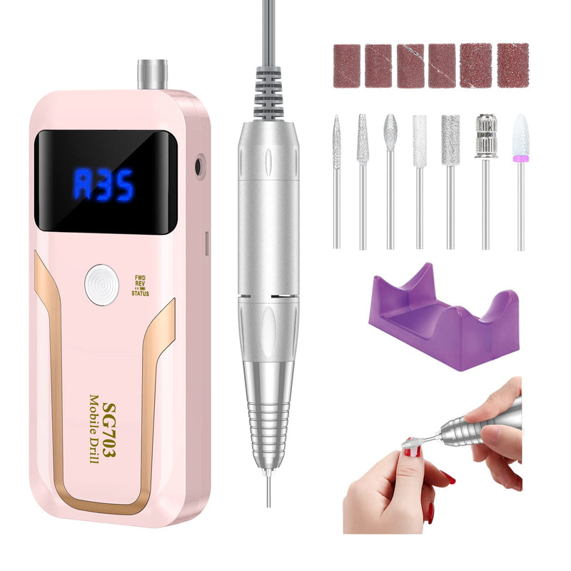 MOCOWIND Portable Nail Drill Professional 35000 RPM, Rechargeable Electric Nail File Machine Cordless E-File for Acrylic Gel Polishing Removing with Bits Kit for Manicure Salon Home, Pink - BeesActive Australia