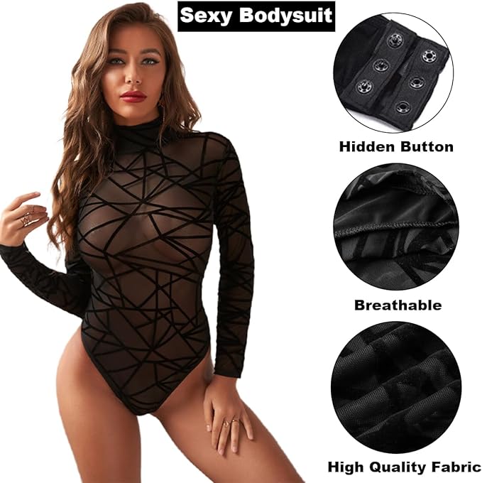 WinsGreat Women's Long Sleeve Sheer Sexy Sheer Black Bodysuit High Neck Leotard Jumpsuit All-in-One Innerwear Tops Slimming Breathable Elastic - BeesActive Australia