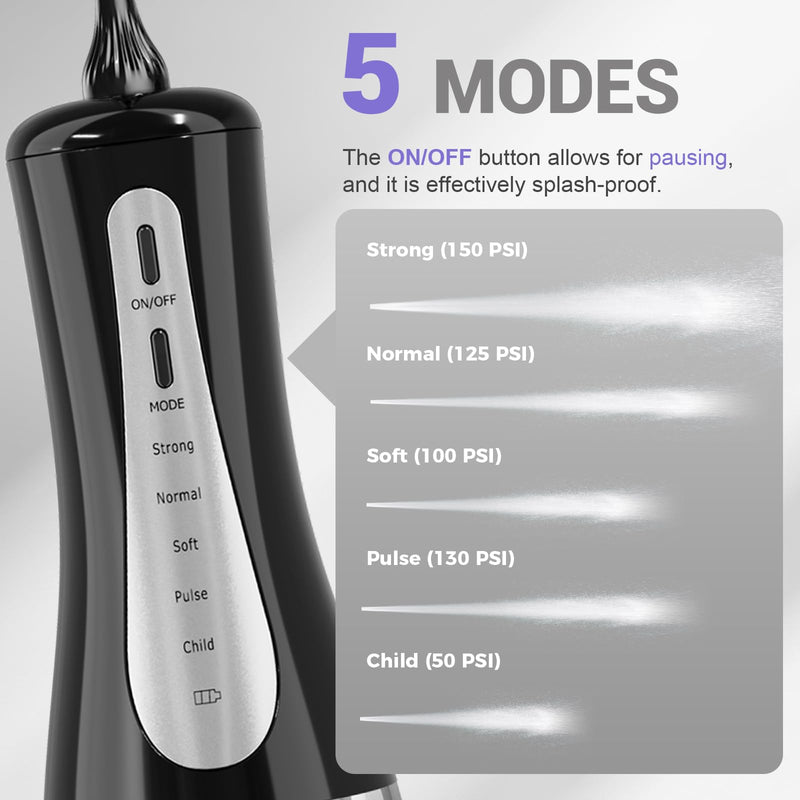 2026 New 350ML Water Dental Flosser Teeth Pick with Bag, 5 Modes Portable Cordless Oral Irrigator Cleaner, Electric Rechargeable IPX7 Waterproof for Home Travel Teeth Cleaning Flossing (Black) Black