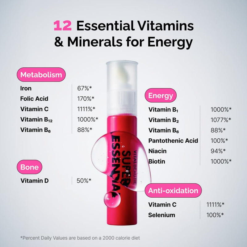 VITALBEAUTIE Super Essential (7-Day) – Women’s All‑in‑One Beauty + Multivitamin Ampoules & Tablets – 1,000mg Fish Collagen + 1,000mg Vitamin C, Biotin, Iron, Vitamin D – Grape Flavor - 7 Servings