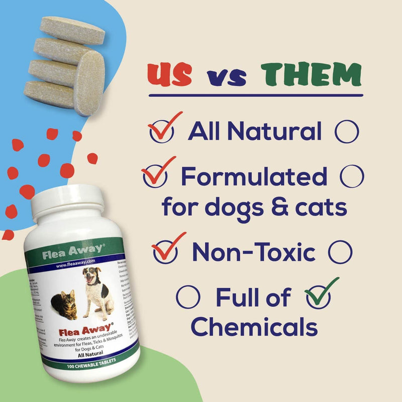 Flea Away All Natural Supplement for Fleas, Ticks, and Mosquitos Prevention for Dogs and Cats, 100 Chewable Treat Tablets, Single (Pack of 2) 1 Single (Pack of 2)