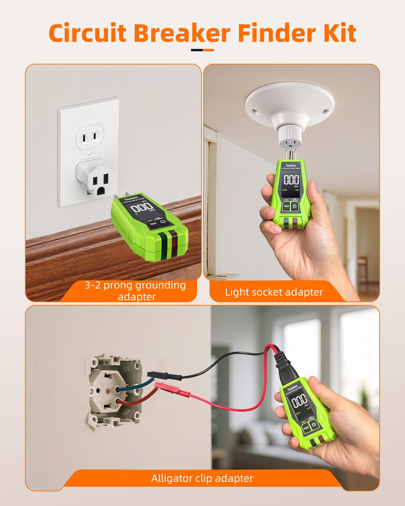 Tadeto Circuit Breaker Finder Tool with Outlet Tester, Quickly GFCI, Voltage, Electric Tester with Dual LCD Display, Light Socket and 3-2 Prong Grounding Adapter, Alligator Clip Adapter (Green) Green