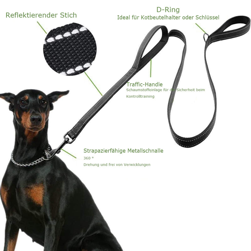 Dog leash for large and medium sized dogs with integrated short handle, reflective leash, 2 hand-friendly padded hand loops, 1.5 meter leash, highly reflective black - BeesActive Australia