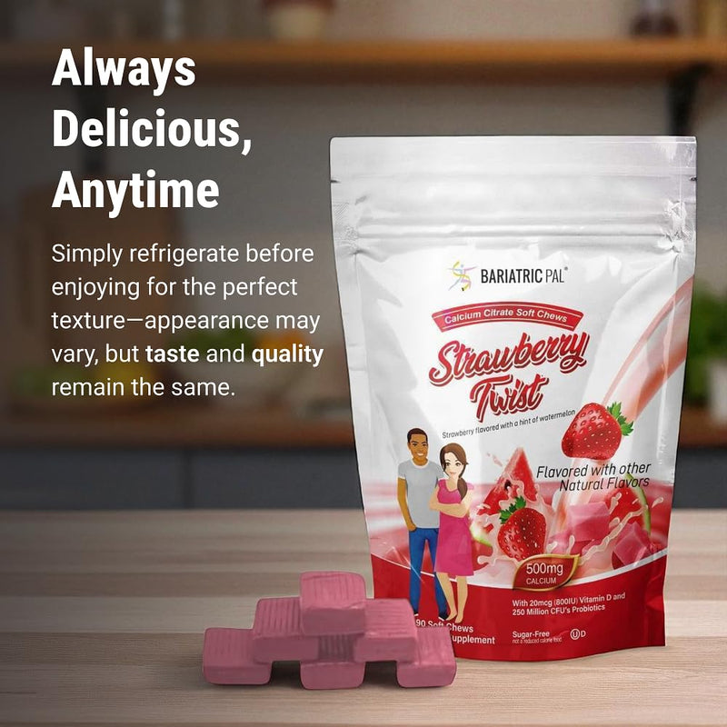 BariatricPal Sugar-Free Calcium Citrate Soft Chews | 500mg with Vitamin D & Probiotics | Strawberry Twist | 90 Count (1 Month Supply) - BeesActive Australia