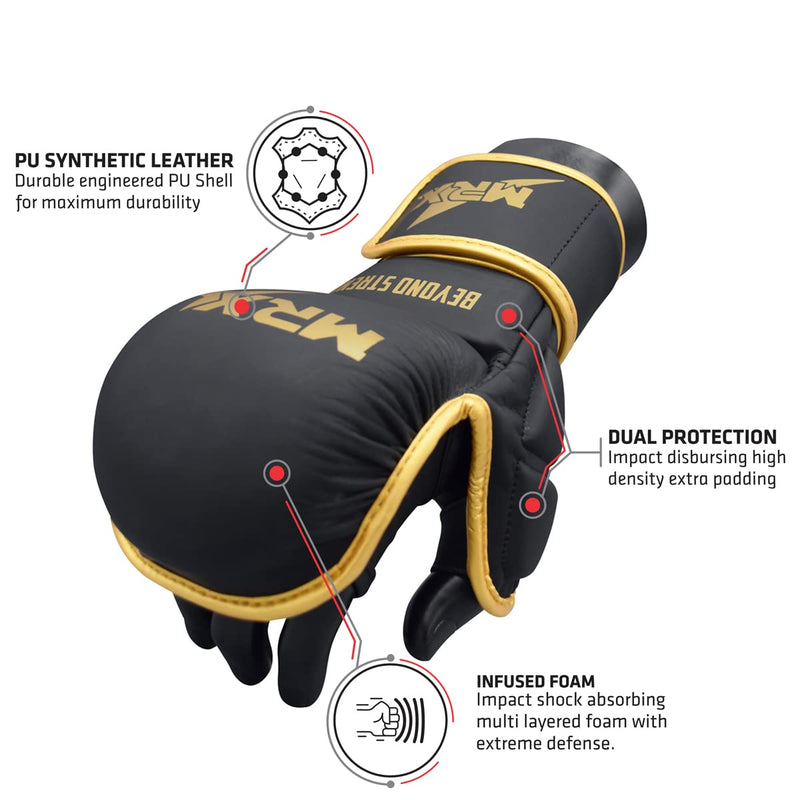 MRX MMA Professional Protective Grappling Gloves 7oz Muay Thai Training Kickboxing Punching Sparring Sports Cage Fighting Combat Glove Boxing Punching Glove Mitts Black Golden S/M