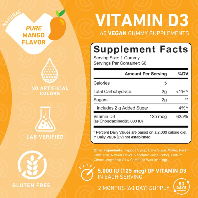 PUREFINITY Vitamin D3 5000 iu Gummies – Your Daily Vitamin D Supplement for Bone Health, Immune Health, and Joint Muscle Support for Adults & Kids – Gluten Free, Non-GMO – 60 Veggie Gummies