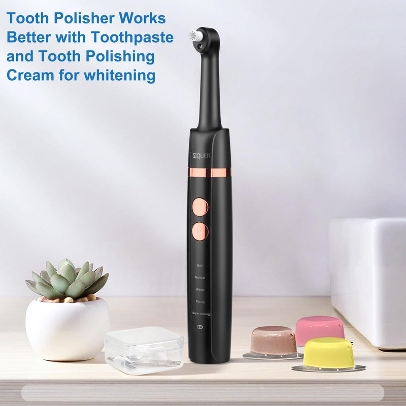 Tooth Polisher - SIQUER Plaque Remover for Teeth Whitening Dental Tools Electric Tartar Polishing Teeth Cleaning Kit with LED Light 5 Speed Modes with 5 Replacement Brush Heads (Black) Black