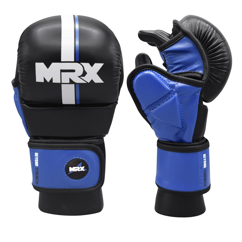 MMA Sparring Pro Gloves, with Open Ventilated Palm, Martial Arts Mitts Suitable for Men Women, Kara Cage Fighting, Combat Sports Training, Muay Thai, Punching Bag and Kickboxing Black/Blue S/M