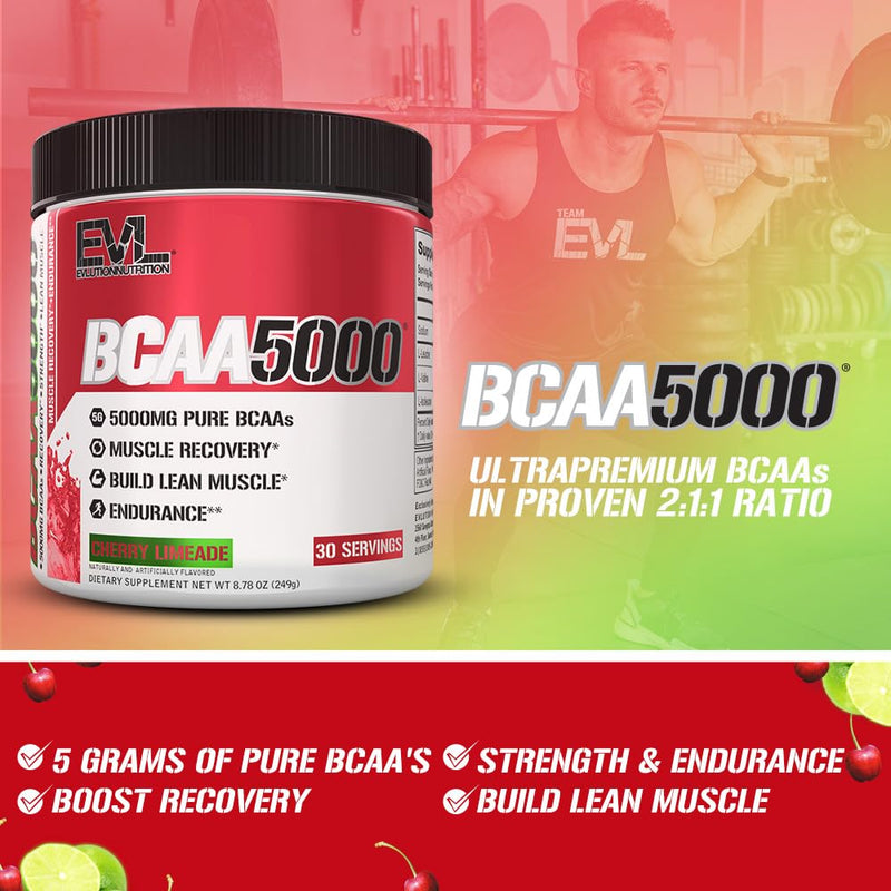 Evlution EVL BCAAs Amino Acids Powder - BCAA Powder Post Workout Recovery Drink and Stim Free Pre Workout Energy - 5g Branched Chain Amino Acids Supplement for Men - Cherry Limeade 30 Servings