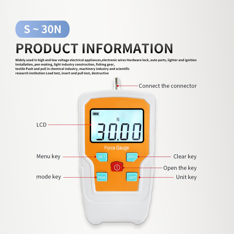 Digital Force Gauge Push and Pull Meter Dynamometer Tension Pressure Tester Thrust Meter Compression Load Plug Force Destructive Tests 30N/3kg/6.5lb/108Oz 6.5LB 30N - BeesActive Australia