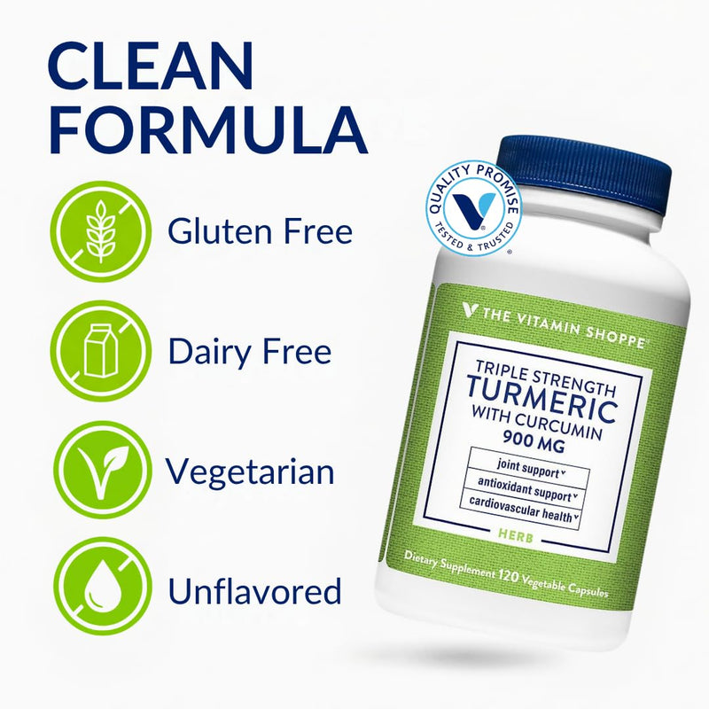 The Vitamin Shoppe Brand Triple Strength Turmeric 900 MG, 120 Capsules | Includes BioPerine (Black Pepper Extract), Joint Mobility & Antioxidant Support, Vegetarian, Gluten Free Unflavoured 120 Count (Pack of 1)