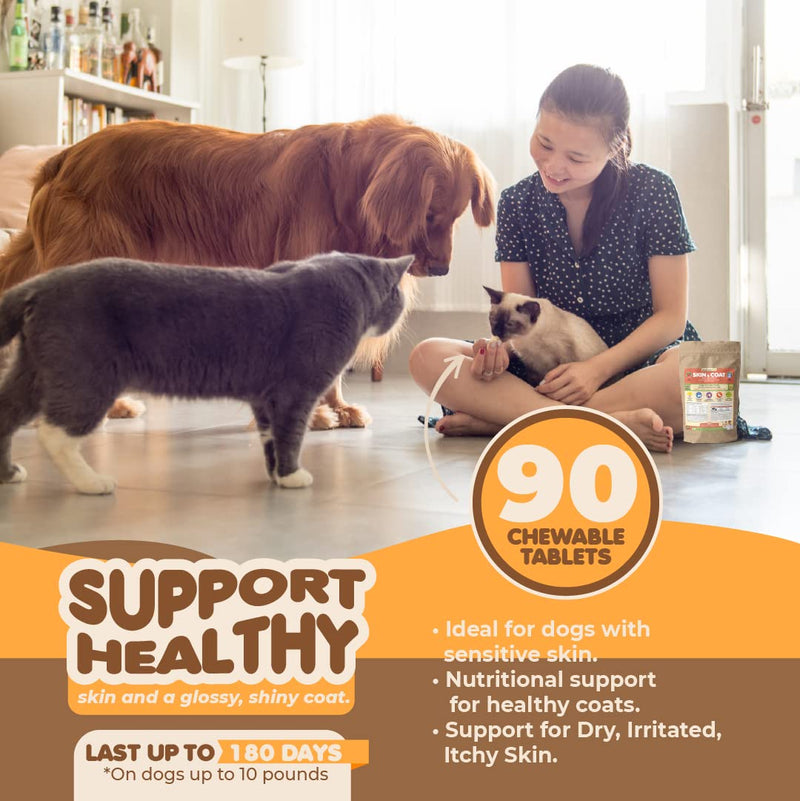 Skin and Coat Supplement with Fish Oil and Omega 3 for Dogs and Cats - Dog Itch Relief Pet Supplement for Shedding, Dry Itchy Skin and Allergies - Dog Allergy Treatment Vitamins (90 Tabs) Pouch (90 Tabs)