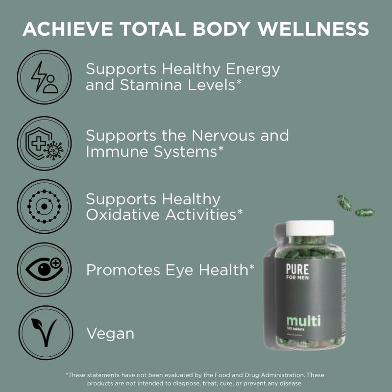 Pure for Men Multivitamin Supplement for Men, Energy & Mood (120 Tablets) | Vitamins A, B, C, D, Magnesium & Calcium, 42 Fruit & Vegetable Blend, Energy, Mood, Strong Bones, Antioxidants & Immune