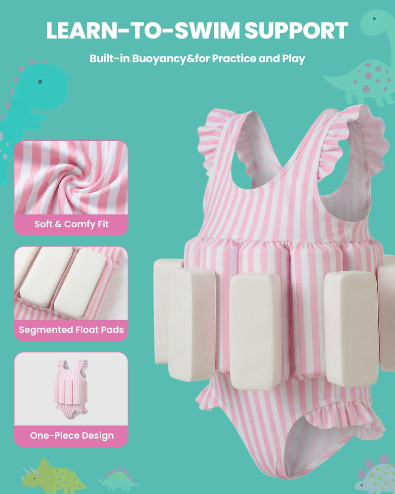 DivingBirds Toddler Girls Floatie Swimsuit, Sleeveless One Piece Float Suit for Baby Girls Pool Beach, 1-6Y Pink Stripes 1-2T