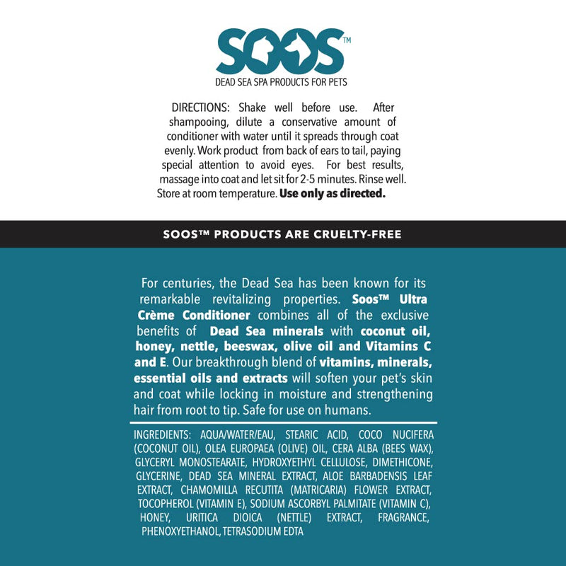 Soos Pet Conditioner Ultra Crème Natural Dead Sea Minerals Smoothness Polish Deeply Absorbing with Vitamins Essential Oils Natural Ingredients for Dogs and Cats - 1 Pack (250ml) - PawsPlanet Australia
