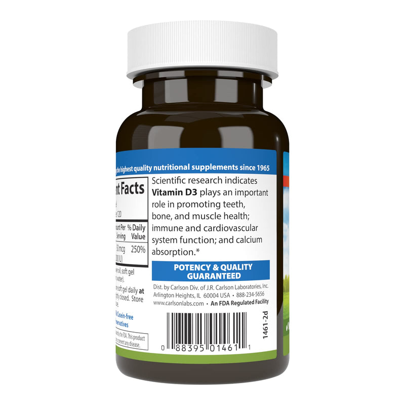 Carlson - Vitamin D3, 2000 IU (50 mcg), Immune Support, Bone Health, Muscle Health, Cholecalciferol, Vitamin D Supplements, Vitamin D3 Soft Gels, 120 Softgels Unflavored 120 Count (Pack of 1)