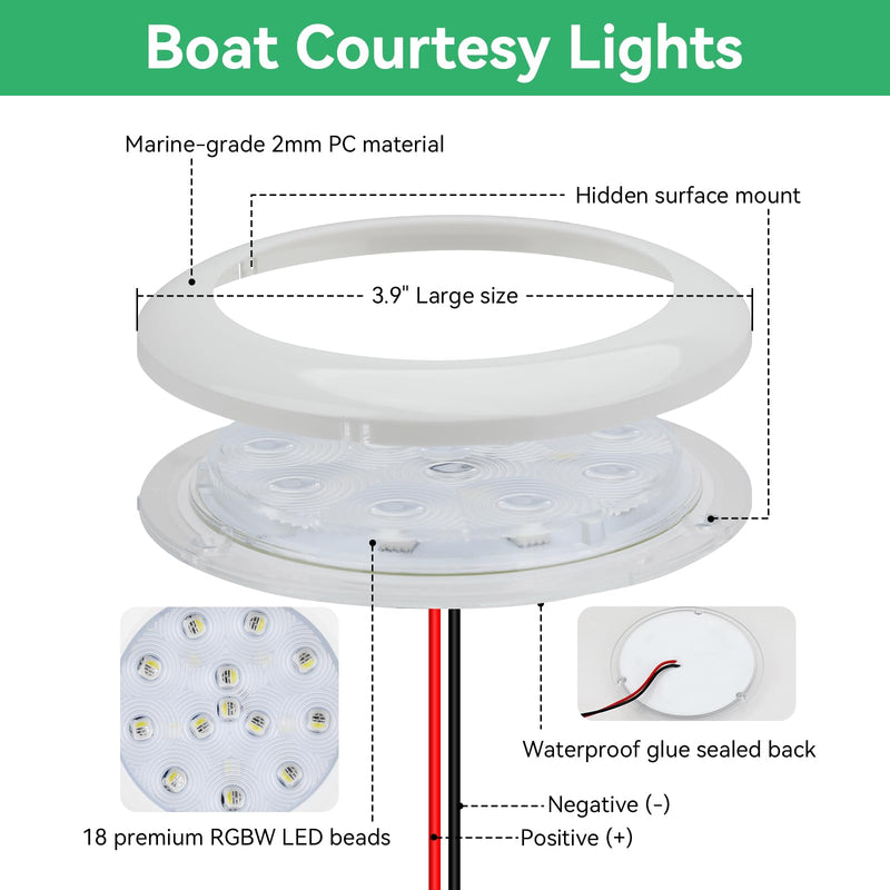 LED Boat courtesy Lights, 12V 3.9 Inch RGBW Marine Interior Lighting, IP67 Waterproof Boat Cabin Lights, Super Bright Anti-Glare Marine Deck Lighting for Pontoon Bass Sailboat