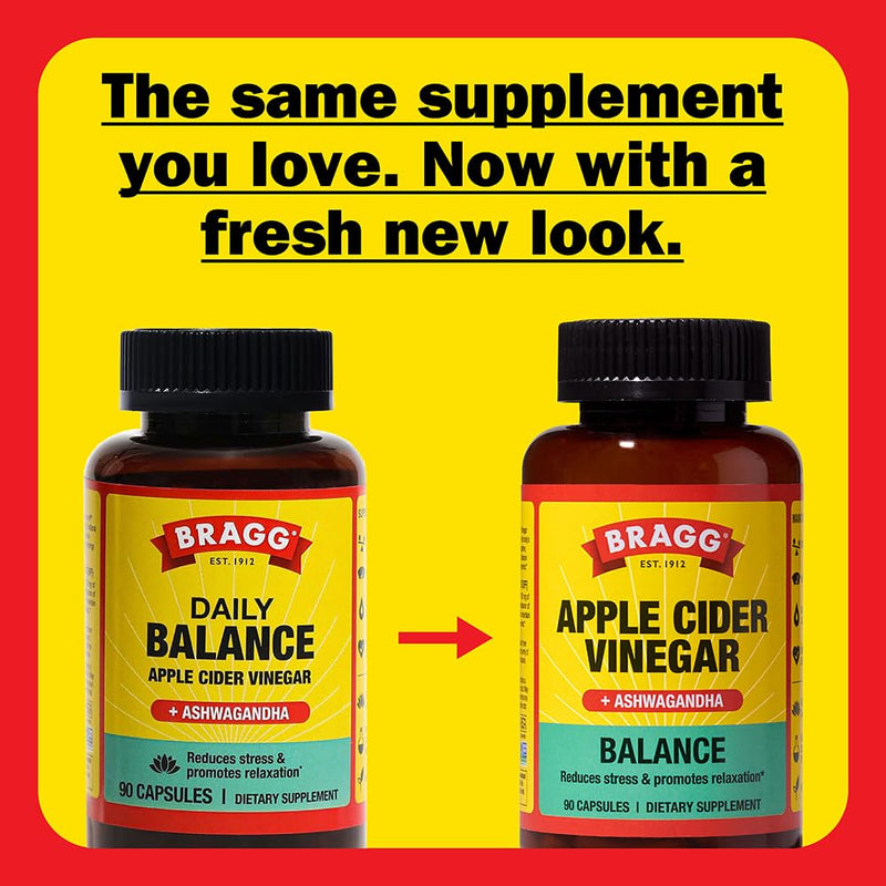 Bragg Daily Balance Apple Cider Vinegar and Sensoril Ashwagandha Capsules - 750mg of Acetic Acid ‚Äì Energy & Weight Management Support - (90 Pills)