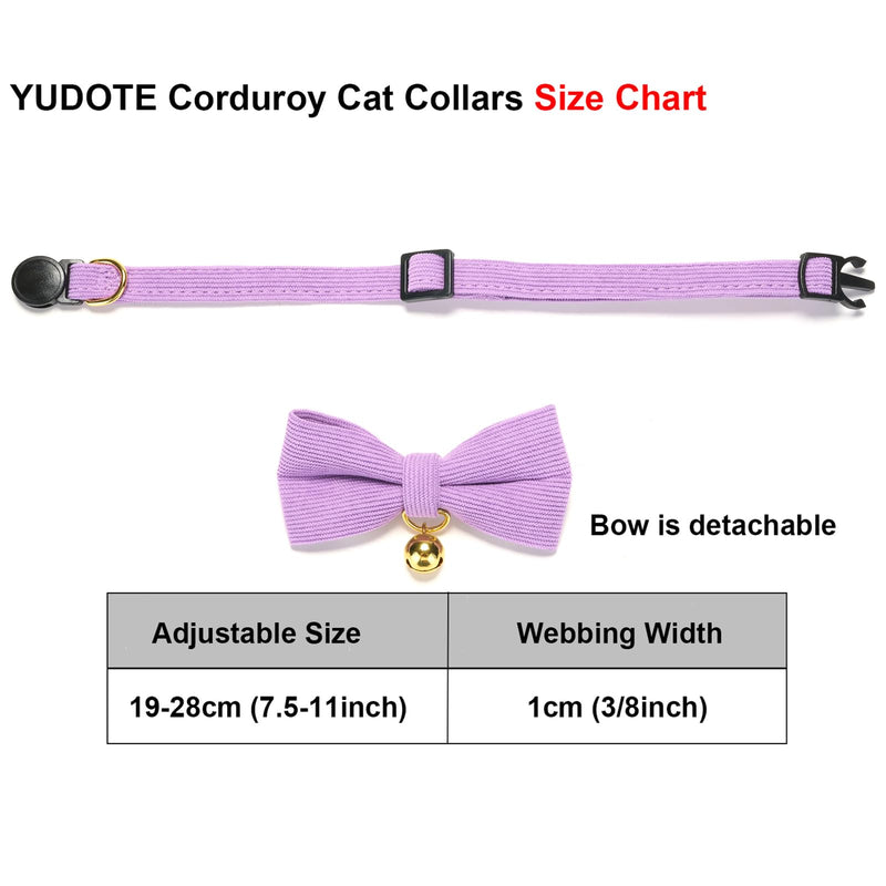 YUDOTE Ultra-soft natural cotton corduroy collar for cats with sensitive skin, lightweight kitten collar with quick release and removable bow, purple, pack of 1 19-28cm (pack of 1) corduroy purple - BeesActive Australia