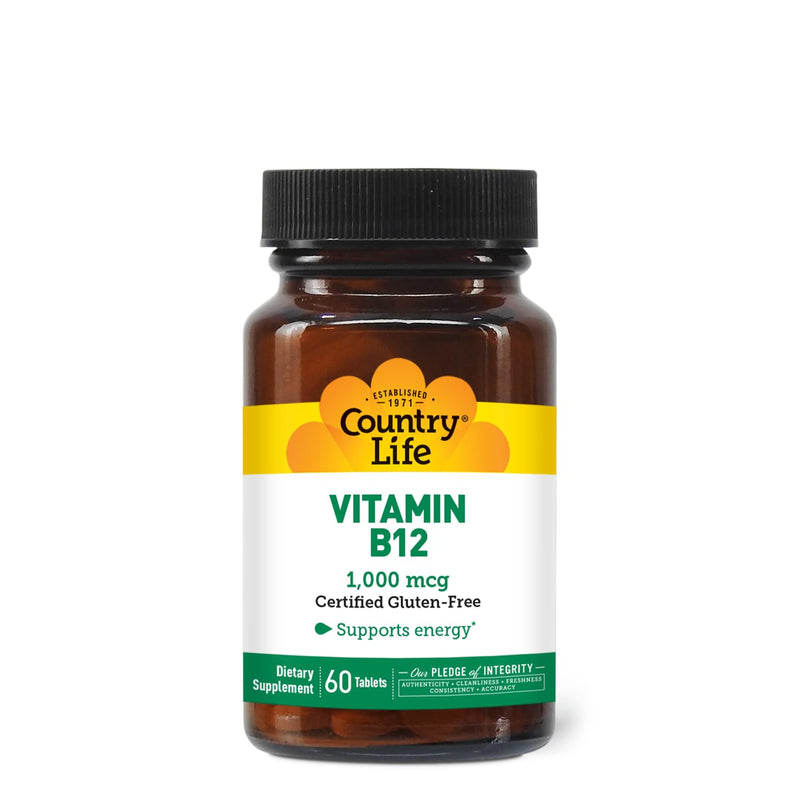 Country Life Vitamin B12 1,000 mcg, Vegan Energy Support, 60 Tablets | One daily tablet supports normal nervous system function and red blood cell formation 60 Count (Pack of 1)
