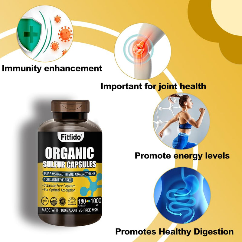 MSM Capsules 1000mg - Organic Sulfur Supplement for Joint Health, Functional Wellness, Hair, Skin & Nails, Non-GMO, Gluten Free, 180 Capsules - BeesActive Australia