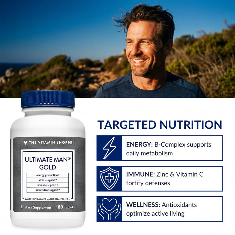 The Vitamin Shoppe Brand Ultimate Man Multivitamin, 180 Tablets | Daily Multivitamin for Men With Vitamins, Minerals & Antioxidants for Energy, Immune & Overall Wellness Support, Gluten Free 180 Count (Pack of 1)