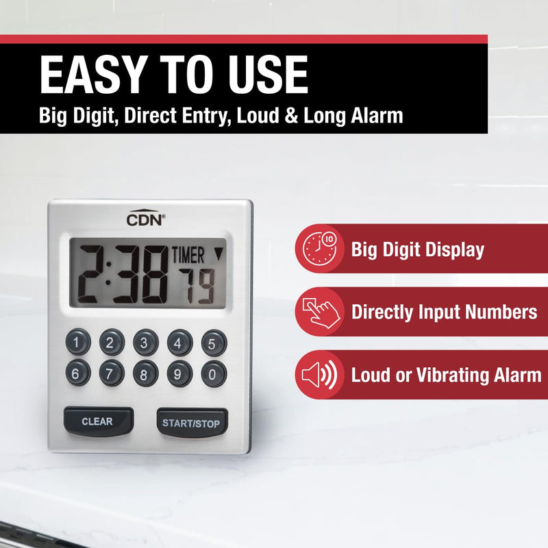 CDN Direct Entry 2- Alarm Digital Kitchen Timer | Counts Up & Down, 10 Hours by Hours, Minutes & Seconds, Big Digit, Loud & Long Audio/Vibrate Alarm, Stand, Hang, Magnet Mounting - TM30 - BeesActive Australia