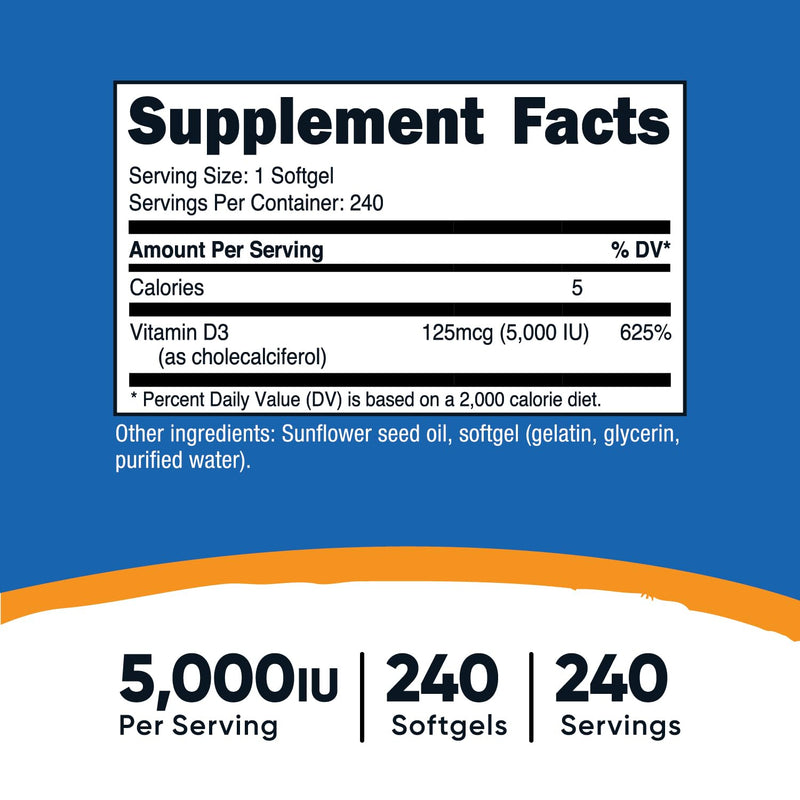 Nutricost Vitamin D3 5,000 IU, 240 Softgels - Non-GMO and Gluten Free Vitamin D 240 Count (Pack of 1) - BeesActive Australia