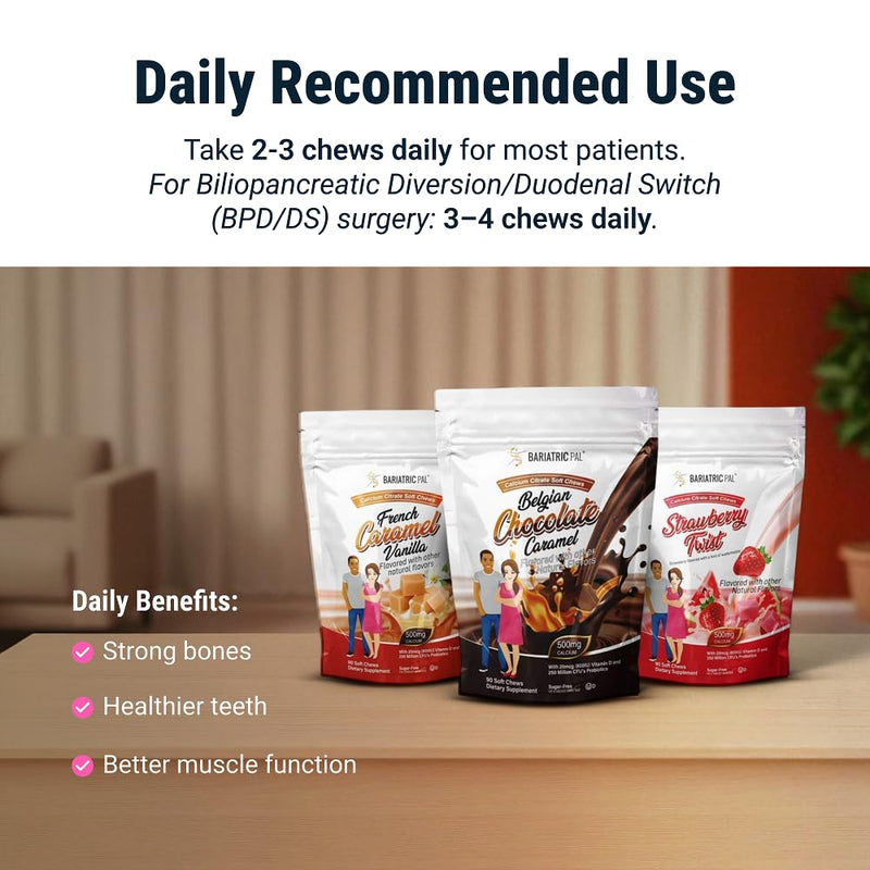 BariatricPal Sugar-Free Calcium Citrate Soft Chews | 500mg with Vitamin D & Probiotics | Tropical Punch | 90 Count (1 Month Supply)