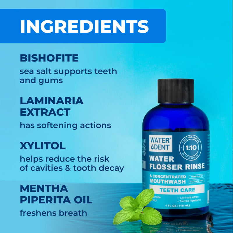 | Water Flosser Rinse, IRRIGANT, Concentrate Mouthwash | When dilluted1:10 = 44 fl.oz, Travel Size, Add to Oral irrigator, Mint Flavor, Alcohol & Fluoride Free. Made in USA | 4 fl.oz 4 Fl Oz (Pack of 1) - BeesActive Australia