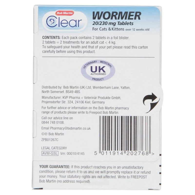 Bob Martin Clear Wormer Tablets for Cats and Kittens over 12 Weeks Old - 2 Tablets (1 Case - 6 Packs)