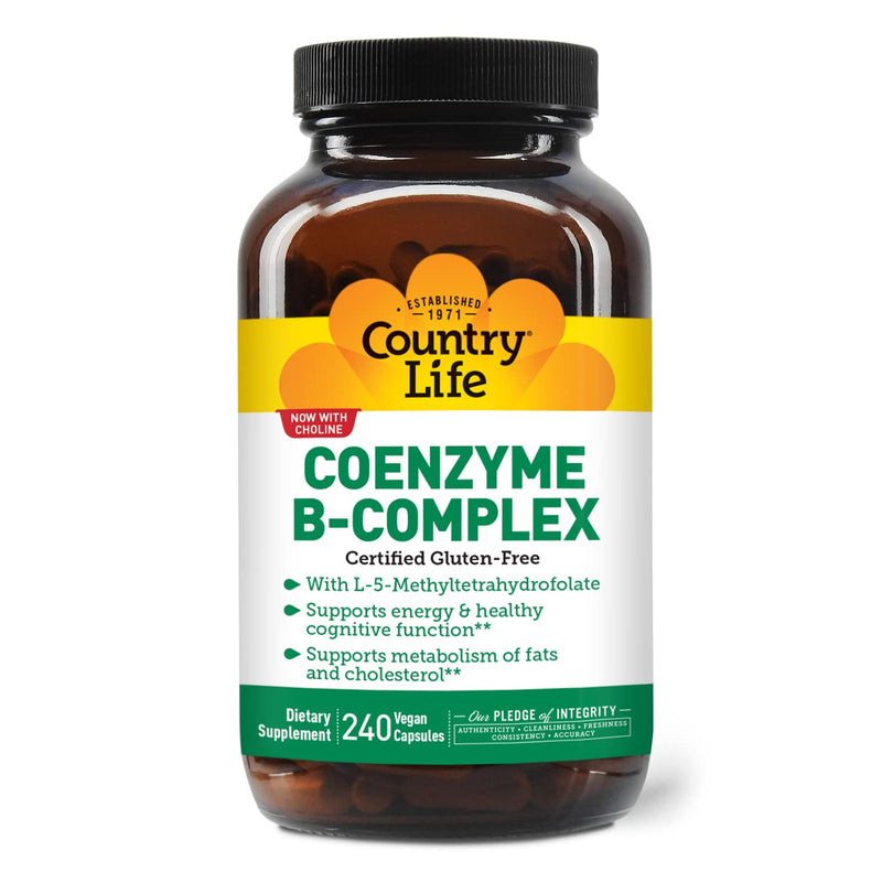 Country Life Coenzyme B-Complex with Methylfolate and B12, 240 Capsules | Includes coenzyme forms of B vitamins plus choline, inositol and alpha lipoic acid for energy and cognitive support Unflavored 240 Count (Pack of 1)