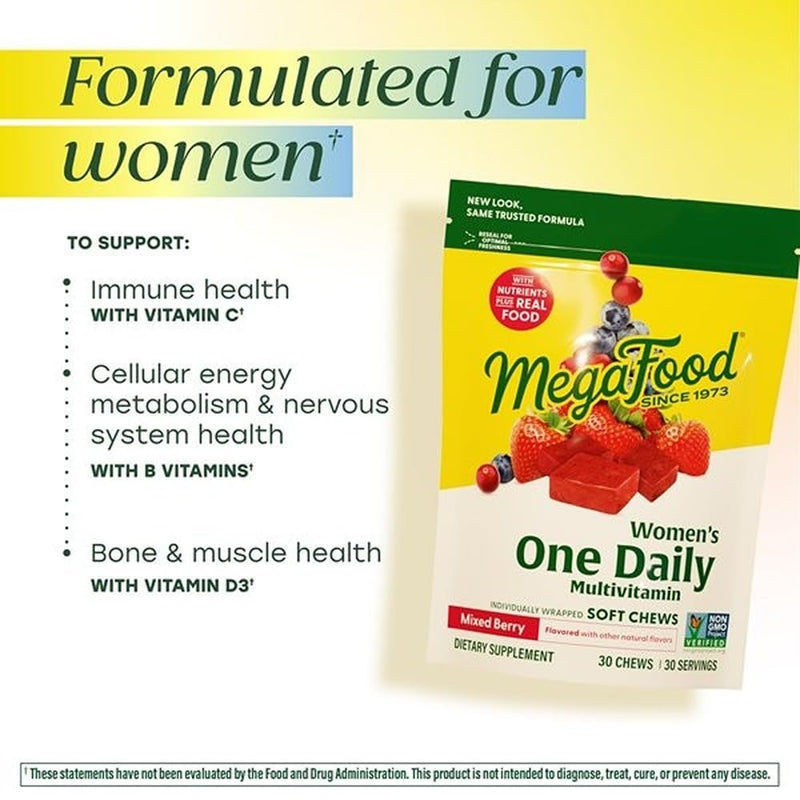 MegaFood Multivitamin for Women, One Daily, Mixed Berry, 30 Soft Chews | Immune Support, Cellular Energy & Healthy Skin & Hair with B Vitamins, Vitamin D3, C, Vegetarian, Non-GMO 30 Servings 30 Count (Pack of 1)