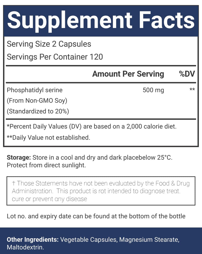 Phosphatidylserine, 500mg, 240 Veggie Capsules 100% Vegetarian, Non-GMO & Gluten Free - 3 Packs