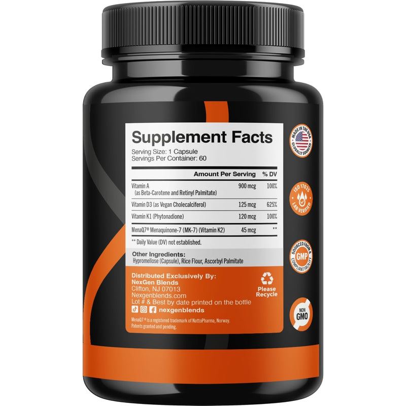 High Absorption ADK Vitamin Supplement - Vegan Vitamin D3 K2 MK7 & A for Calcium Regulation plus Bone Heart Thyroid & Immune Support - Vitamin ADK with 5000IU D3 Non GMO & Gluten Free (2 Months) 60 Count (Pack of 1)
