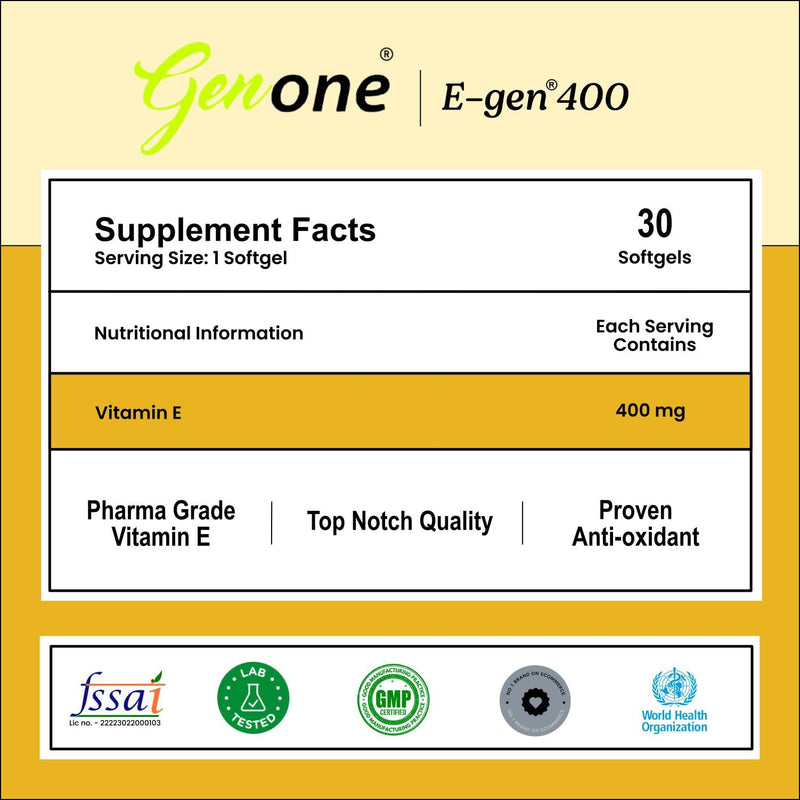 genone E-Gen 400 Vitamin E Capsule for Glowing Face, Skin and Hair Nutrition (30 Capsules) - BeesActive Australia