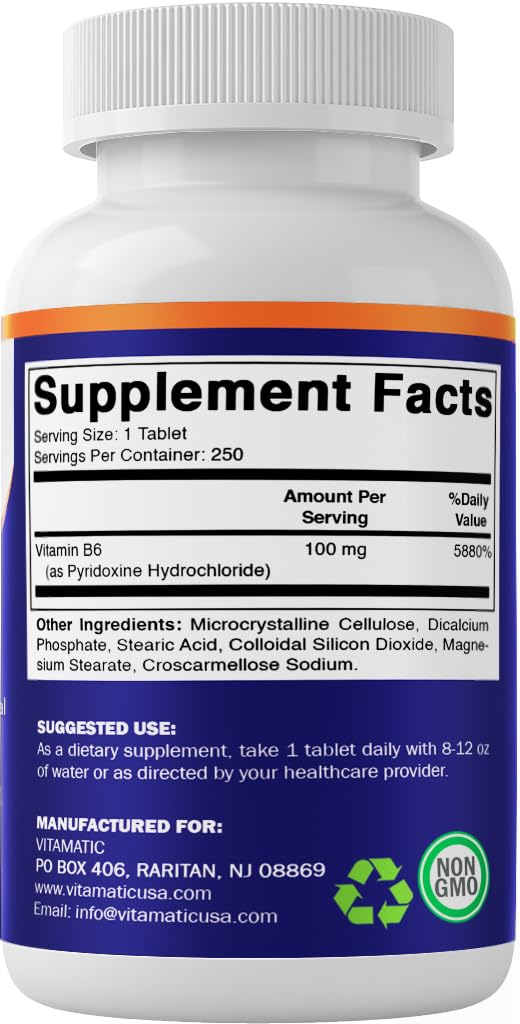 Vitamatic Vitamin B6 100 mg Tablets, 250 Count, Non-GMO, Made in USA | Support Energy Metabolism*, Support Nervouse System Health and Immune Function*, Gluten Free. 250 Count (Pack of 1)