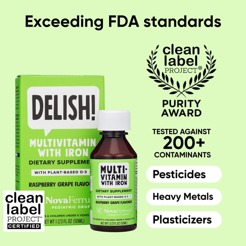 NovaFerrum Delish | Vegan Multivitamin with Iron for Infants, Toddlers & Kids | Immune Support | Organic Plant-Based D-3 | Gluten Free | Vegan Verified | Sugar Free | 1.69 Fl Oz (50 mL) (Pack of 2) Raspberry Grape 1.67 Fl Oz (Pack of 2)