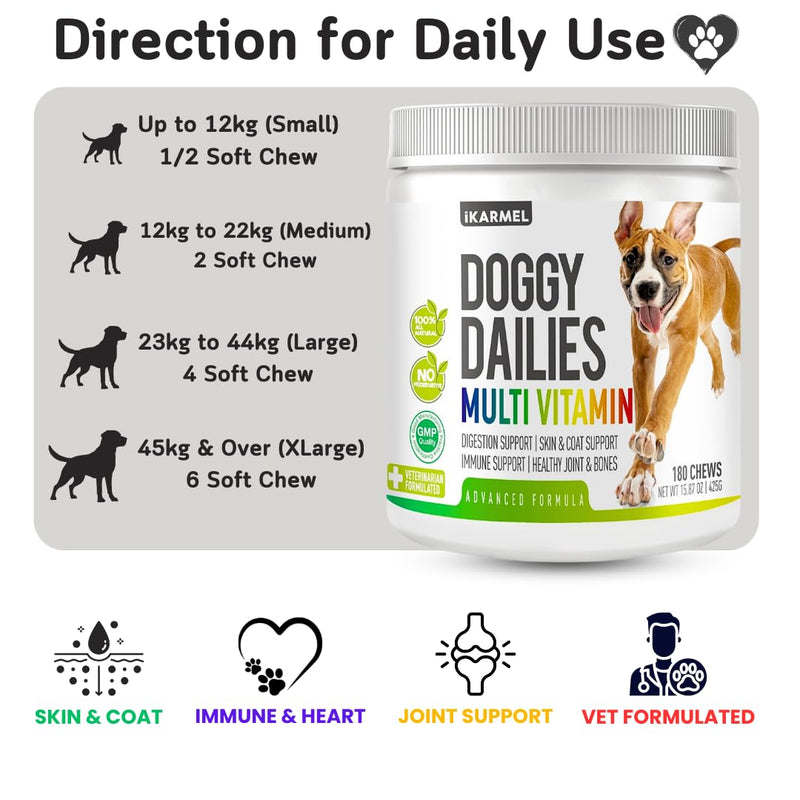 Doggy Dailies | Vitamins Supplements For Dogs | Skin & Coat | Probiotics + Joint Support 24 Vitamins & Minerals puppy to Senior Multivitamin 180