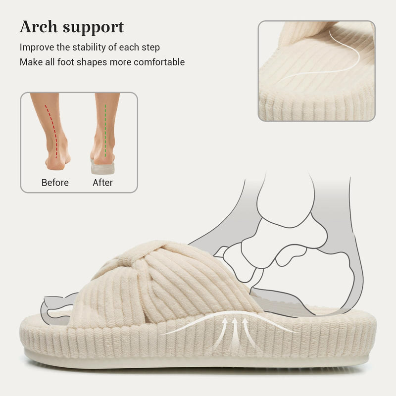Chantomoo Orthopedic Arch Support Slippers for Women Memory Foam House Corduroy Bow Crossbands Slipper Comfy Gift Slippers 9-10 Beige