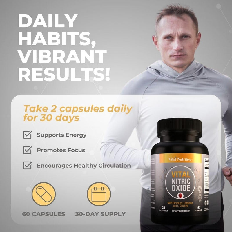 Vital Nitric Oxide Supplements for Men - Workout Booster Supplement for Men - Nitrous Oxide Boost Blood Flow, Blood Pressure, Energy & Workout Performance with L Arginine L Citruline-30 Days Supply 60 Count (Pack of 1)