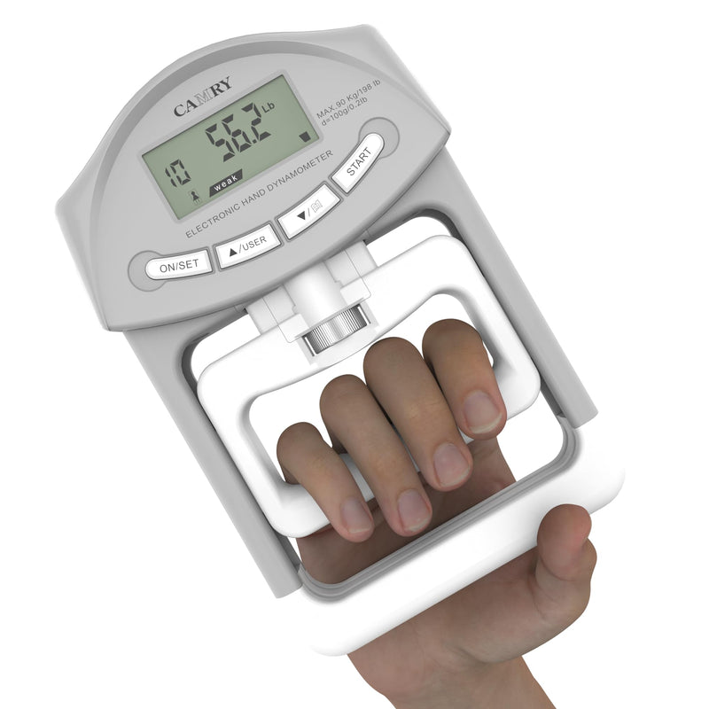 CAMRY Digital Hand Dynamometer Grip Strength Measurement Meter 198Lbs / 90Kgs Auto Capturing Electronic Hand Grip Power Grey.
