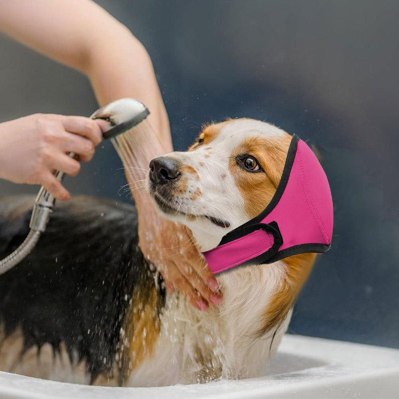 Dog Ear Defender, Waterproof Adjustable Dogs Head Cover Noise Cancelling Windproof Pet Calming Hood for Summer Bathing Water Play Protection Rose Red S