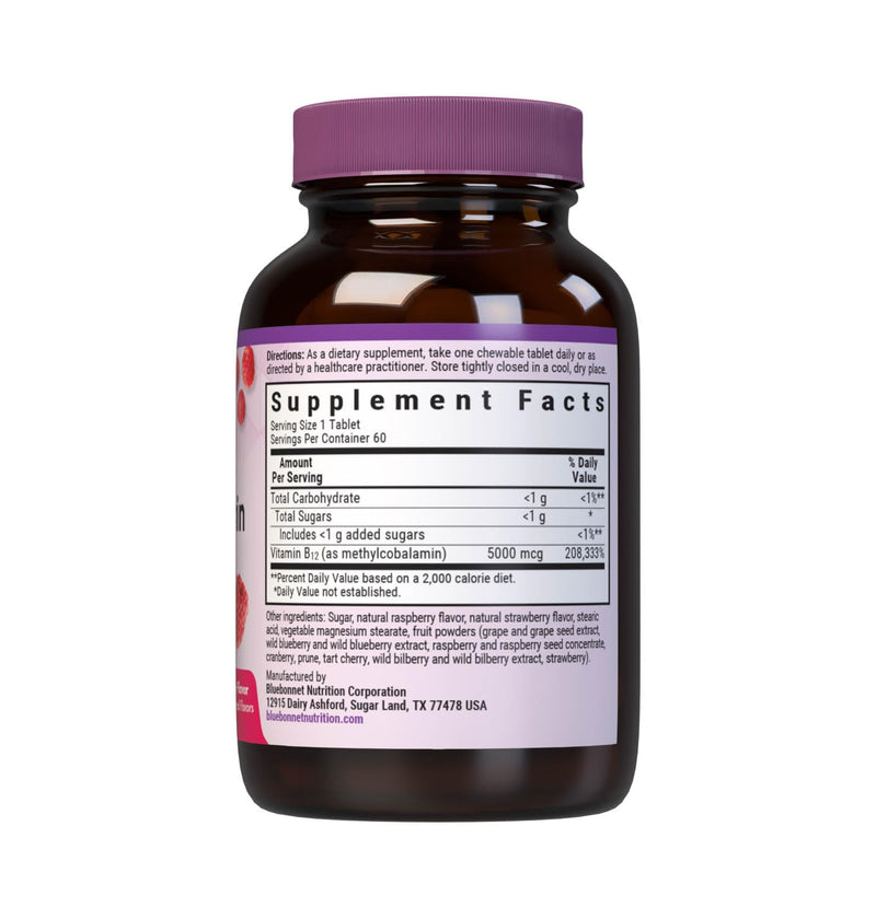 Bluebonnet Nutrition EarthSweet Methylcobalamin 5,000 mcg Active Coenzyme Form of Vitamin B12 Supports Energy Boost & Metabolism - Vegan, Gluten-Free - Raspberry Flavor - 60 Chewable Tablets | Energy Boost & Metabolism; Non-GMO, Vegan, Kosher Certified...