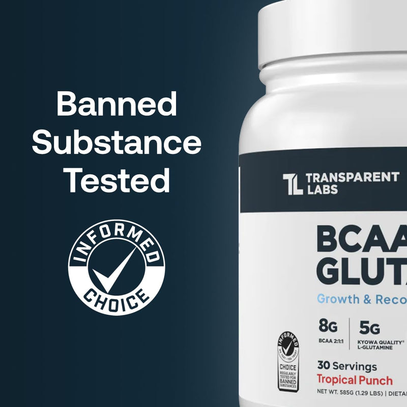 Transparent Labs BCAA Glutamine - 8000 mg of BCAA Powder Per Serving with L Glutamine for Post Workout Recovery, Muscle Growth, & Increased Endurance - 30 Servings, Tropical Punch 1.29 Pound (Pack of 1)