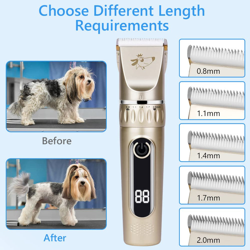 VSSHE Dog Clipper, Quiet Clipper Dog and Cat with 2 Speeds Rechargeable Cordless Cats and Dogs Horse Hair Clipper Clipper Dog with 11 Accessories Gold