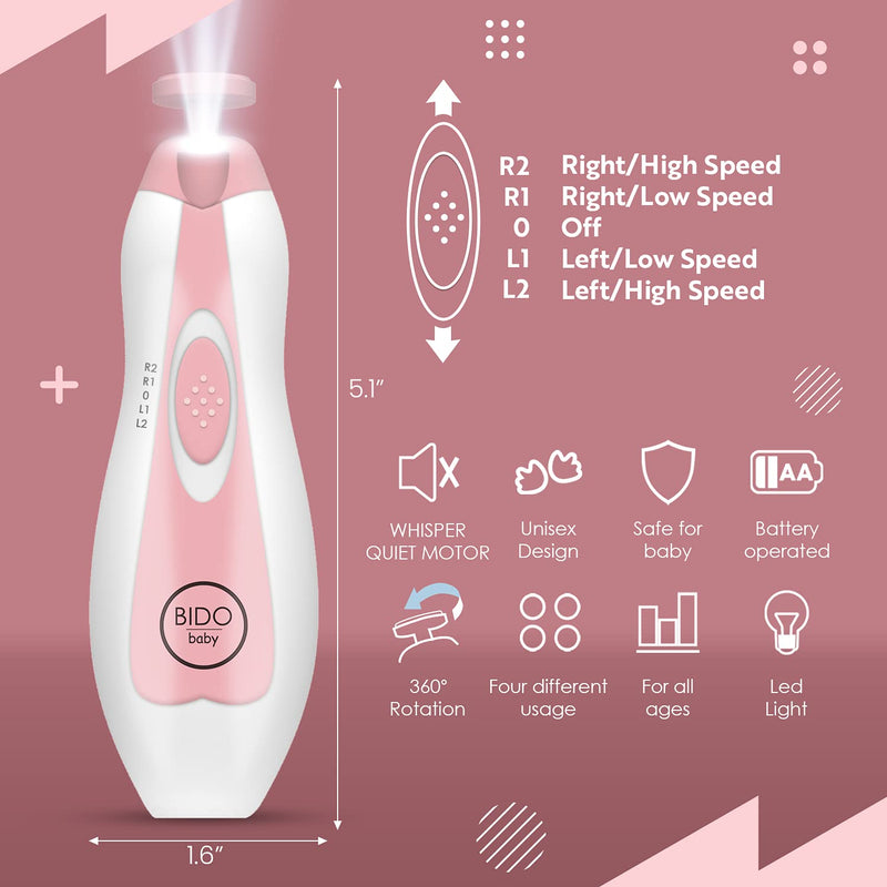 Bƒ∞DO Baby Nail Trimmer File Electric-Safe Baby Nail Clippers,Manicure Kit for Newborn Toddler and Kids,12 Grinding Heads and LED Light, Pink or Blue (Pink)